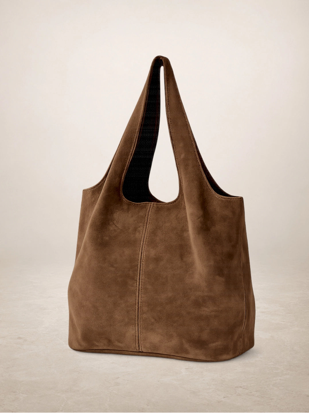 Chocolate brown suede shoulder bag with open top and doubel handles made in Italy.
