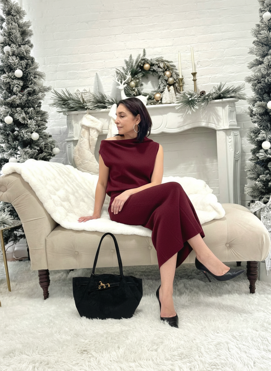 Woman in a burgundy dress sitting on a couch with Christmas decorations in the background