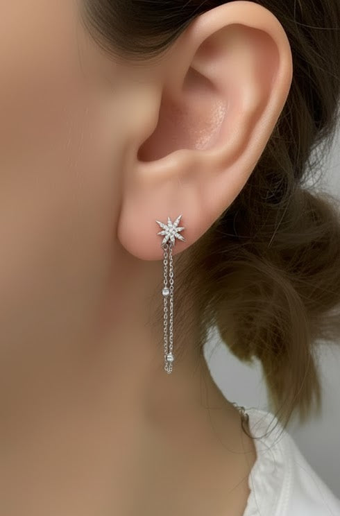 gold filled .925 sterling silver star earrings with dangling chain and 2 CZ stones.