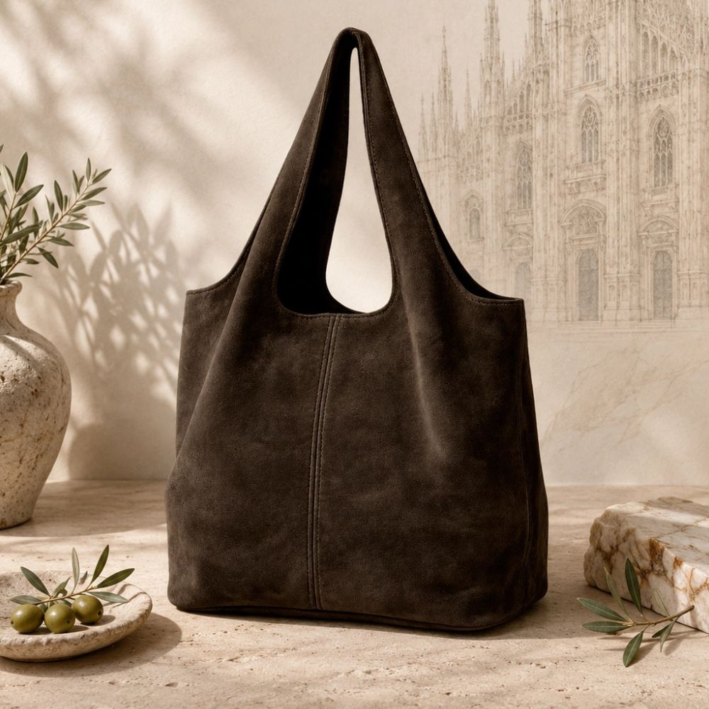 A dark brown suede tote bag with a cutout handle, attache inner pouch and half zip opening.