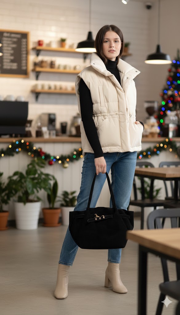 Woman in a cafe wearing a white vest and holding a black bag