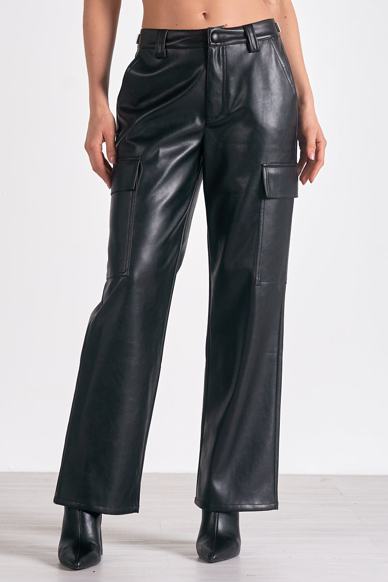 Black faux leather cargo pants with medium wide leg and snap closure