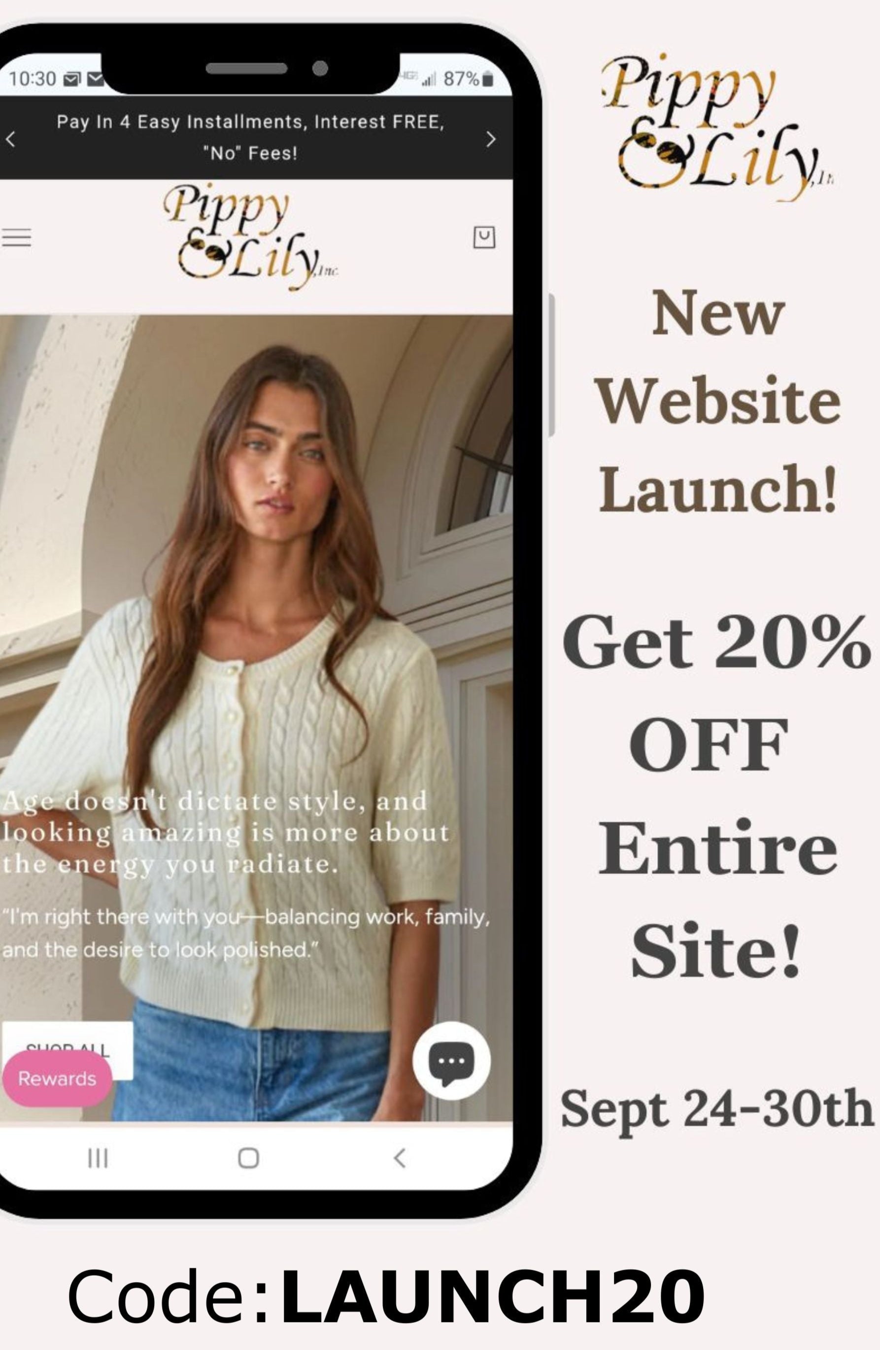 Phone displaying Pippy & Lily website with promotional text for a new website launch and discount offer.