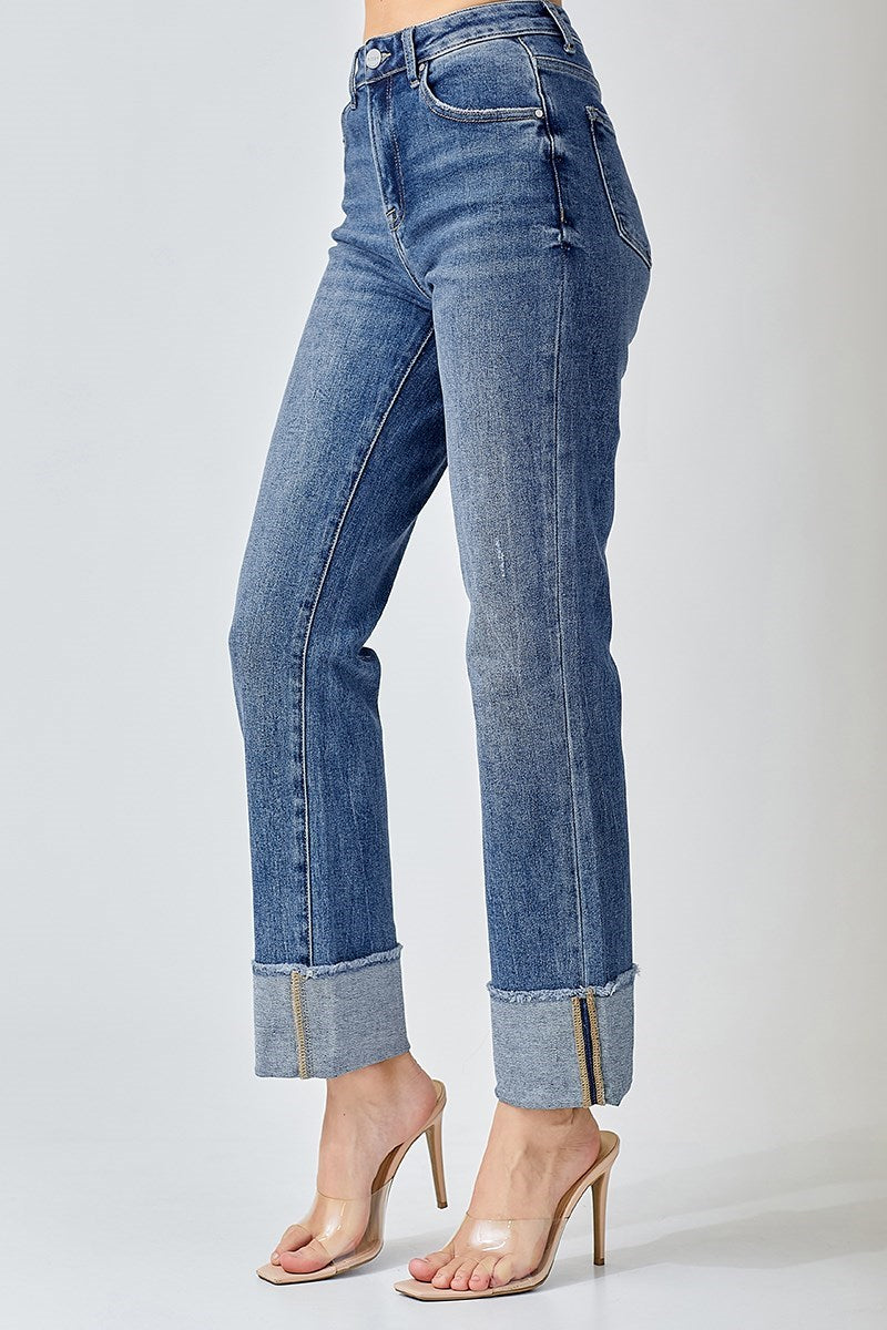 High riseccuffed slim straight jeans