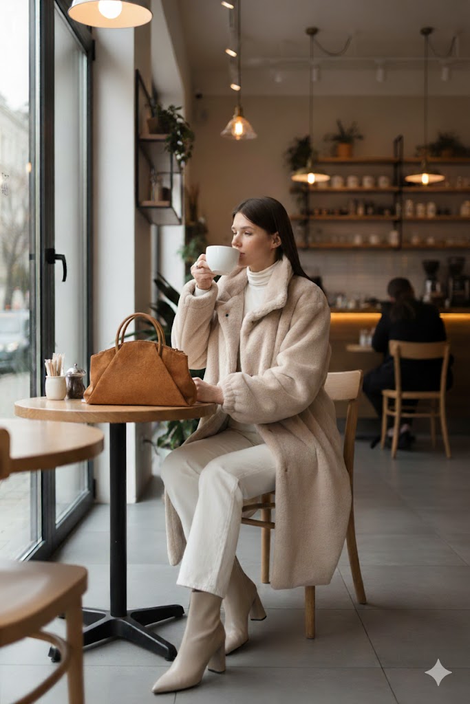 Woman in a cozy cafe drinking coffee, wearing a beige faux fur  coat and brown suede handbag.